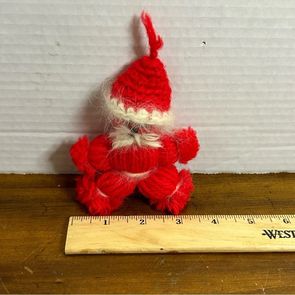 Vintage MCM Handmade Yarn Santa Claus Knitted Hat Red White 4” Plush ornament